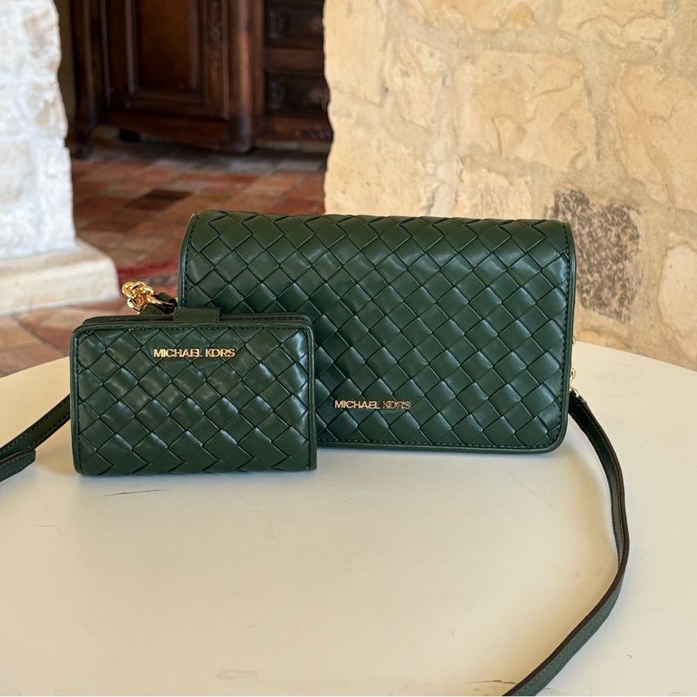 Michael Kors Dark Green Woven Crossbody Bag and Wallet